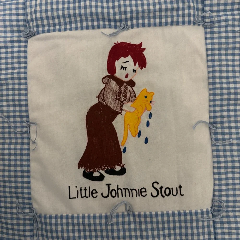 Vintage Nursery Rhyme Crib Quilt Hand Painted Gingham Blue White 12 Panel